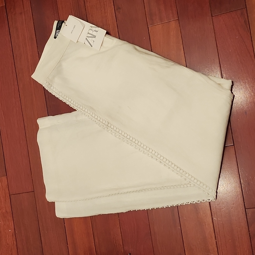 Nwt! Zara Lace Insert Linen Blend Pants - Picture 2 of 7